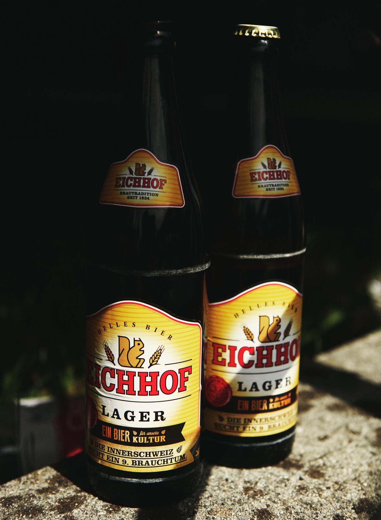 Two bottles of Eichhof lager beer with traditional labels on a stone surface.