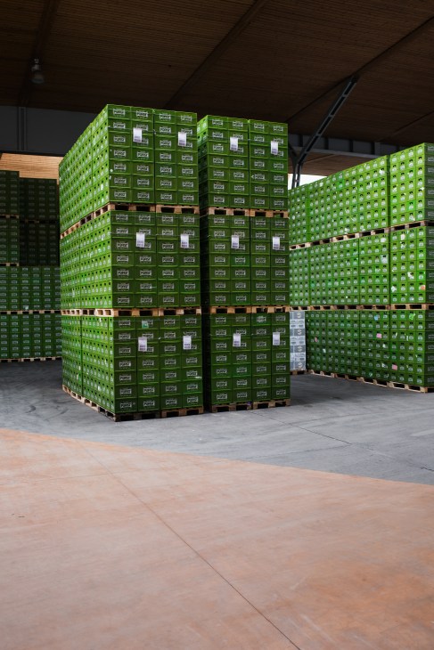Stacks of green Forst beer crates palletized in a warehouse ready for shipment.