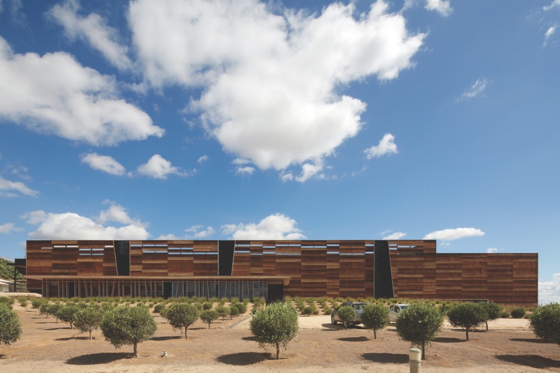 Modern wooden-clad factory building with olive trees in foreground under blue sky