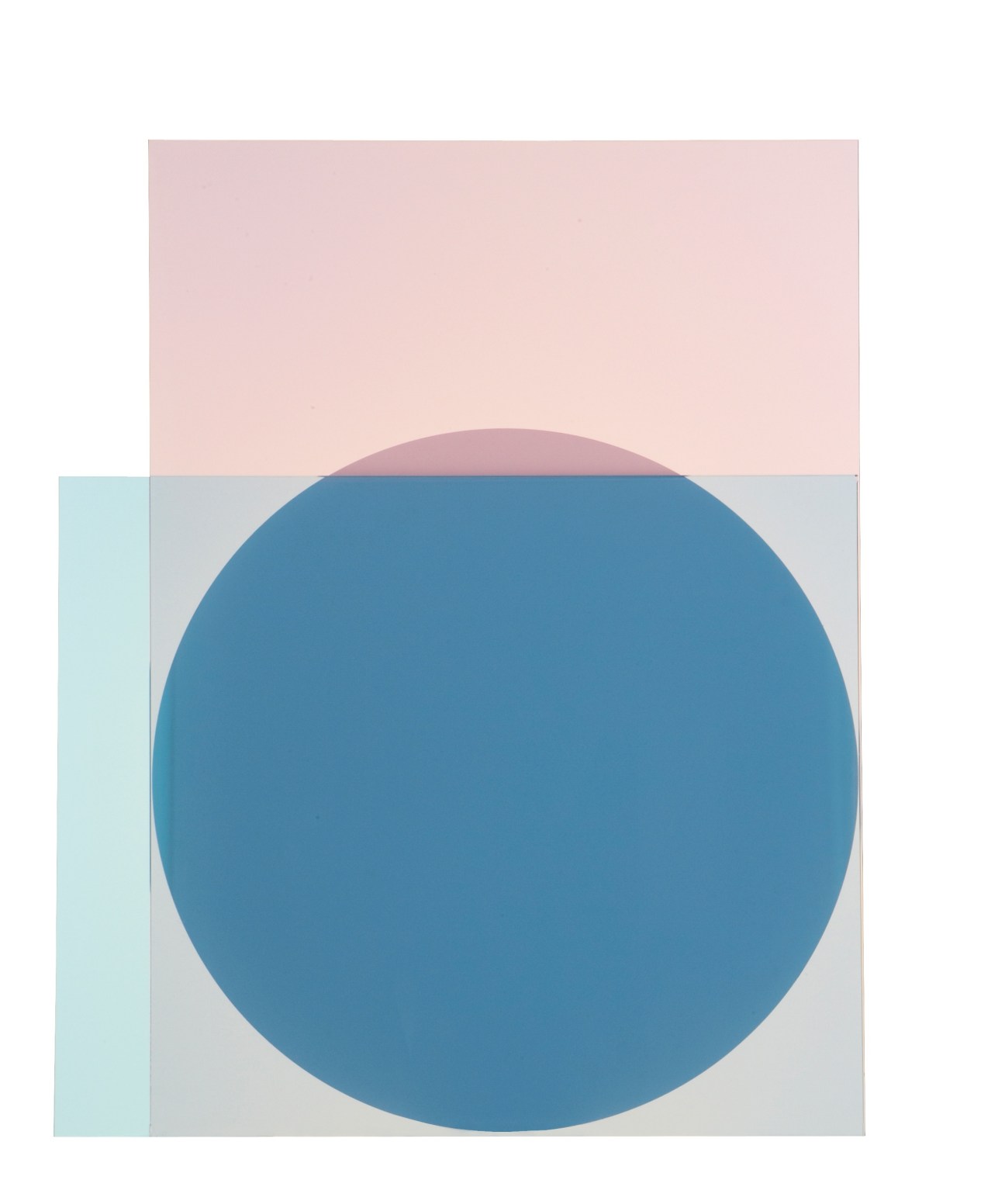 Abstract geometric artwork with a large blue circle centered on a light gray background with pink and light blue sections.