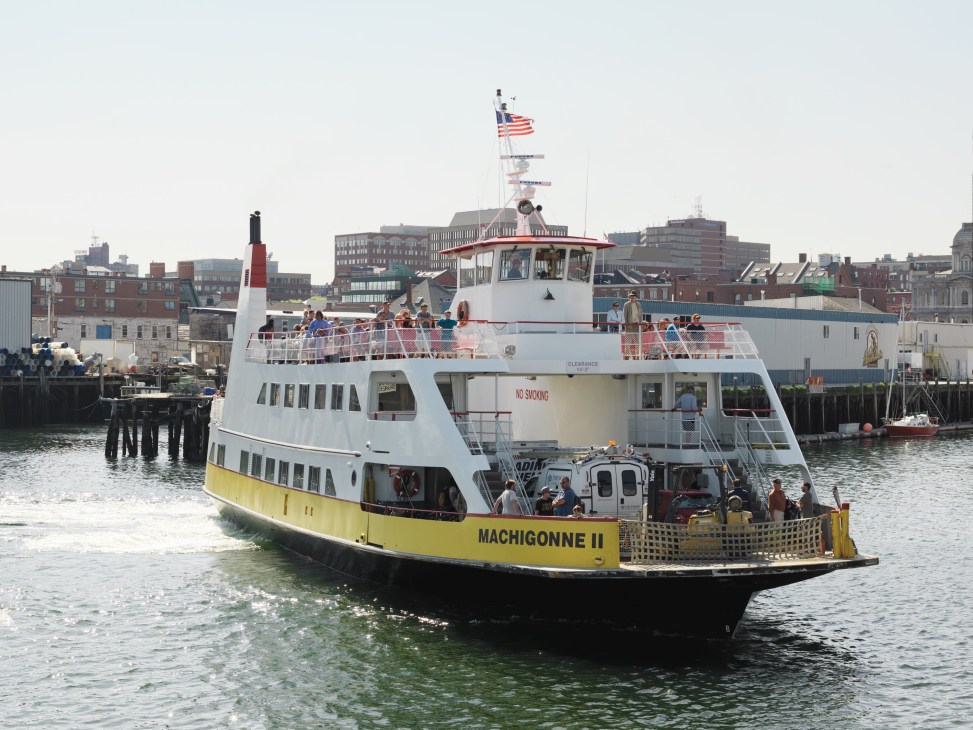 The Casco Bay ferry Machigonne II with passengers boarding at Portland's waterfront.