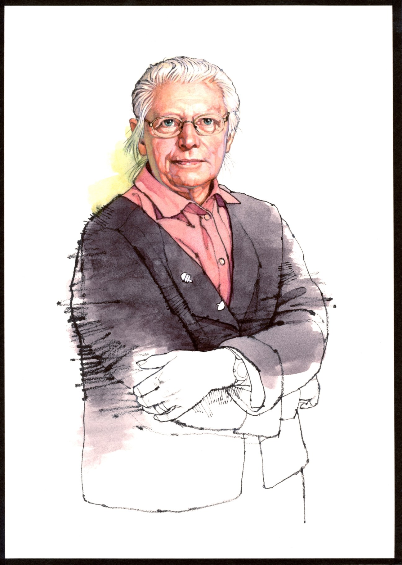 Illustrated portrait of Hanne Vedel, an elderly woman with white hair and glasses wearing a pink shirt and grey blazer.