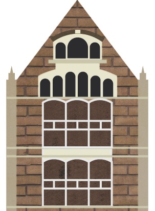Illustration of a brick building with white-trimmed arched windows and a peaked roof.