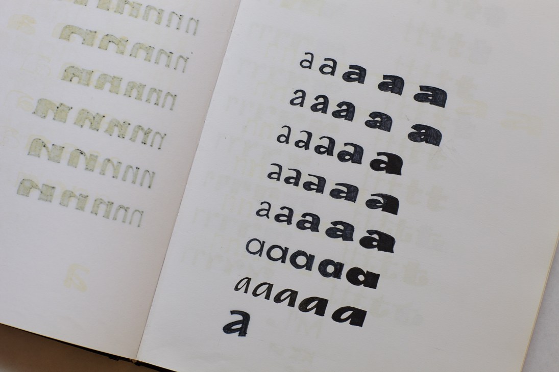 Sketches showing the letter 'a' repeated in various typeface weights and styles on white paper.