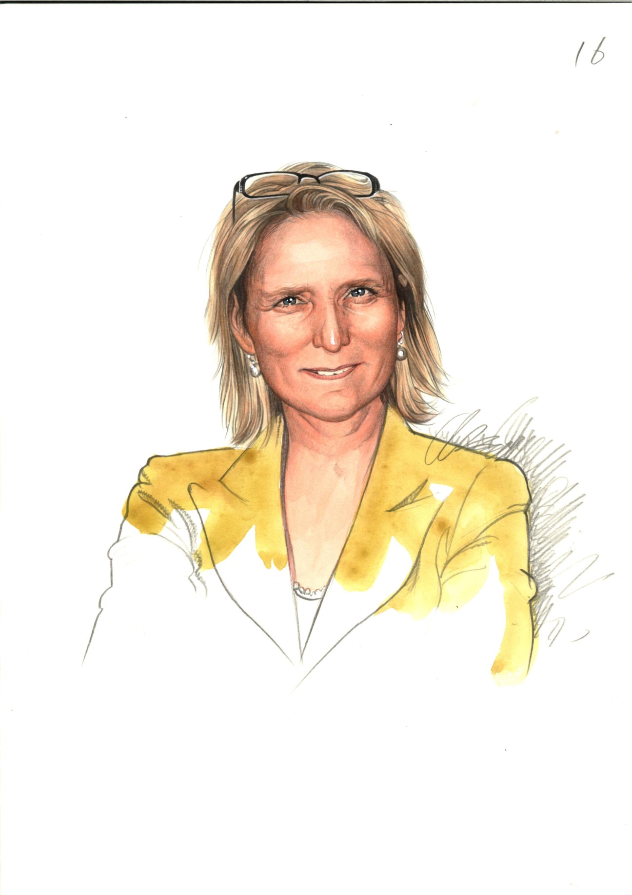 Portrait illustration of Gro Nystuen, head of Norway's Council on Ethics, wearing a yellow blazer.