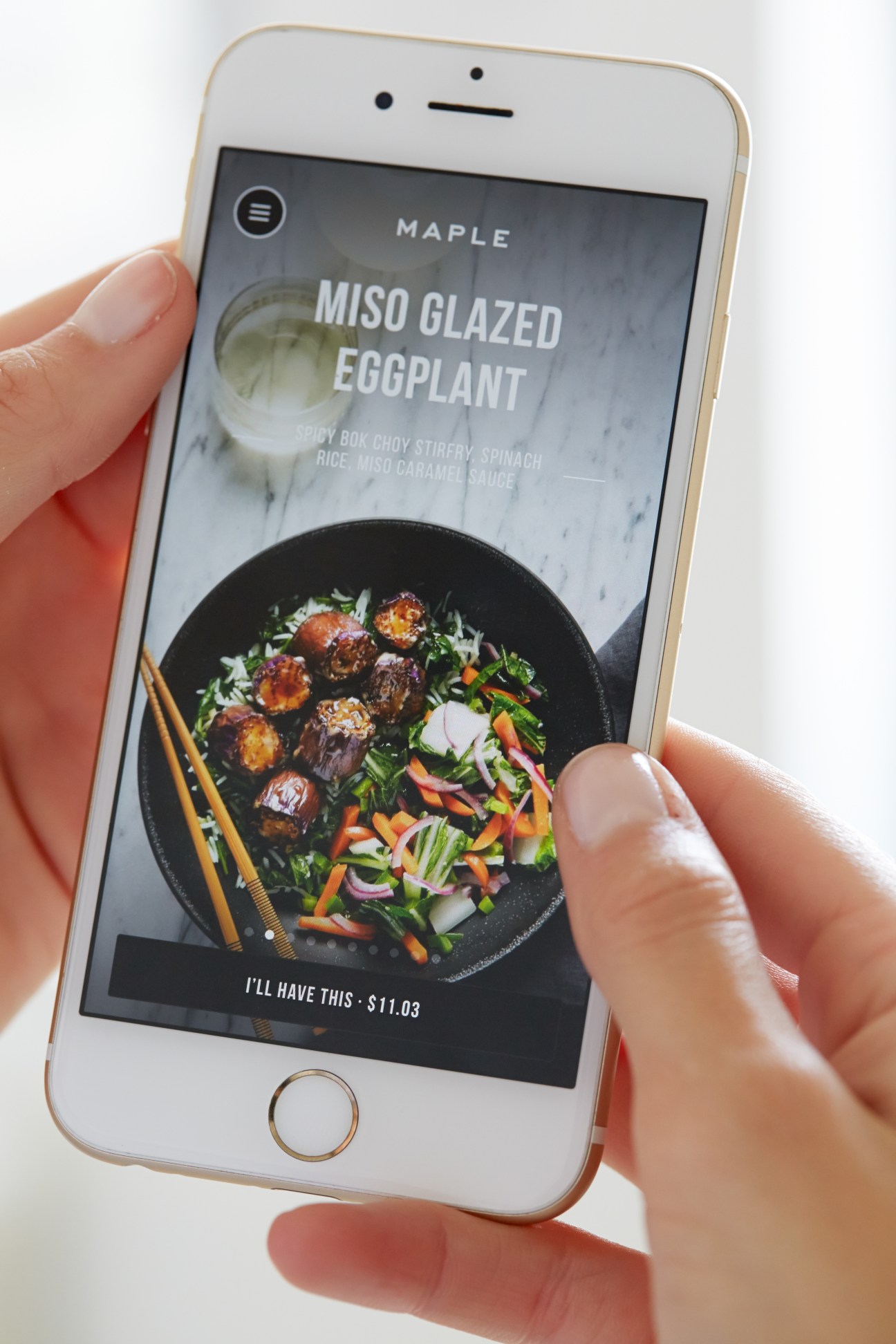 iPhone displaying Maple food delivery app showing miso glazed eggplant dish menu item