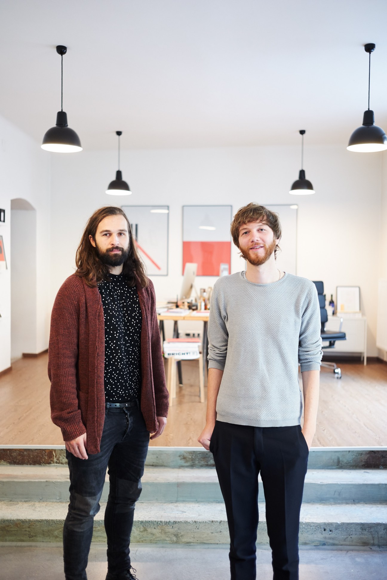 Kurt Glänzer and Josef Heigl, founders of design agency Bruch, stand in their studio.
