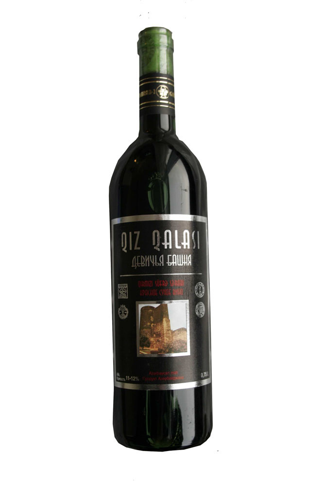 Bottle of Maiden's Tower wine from Azerbaijan with black label and green glass top.