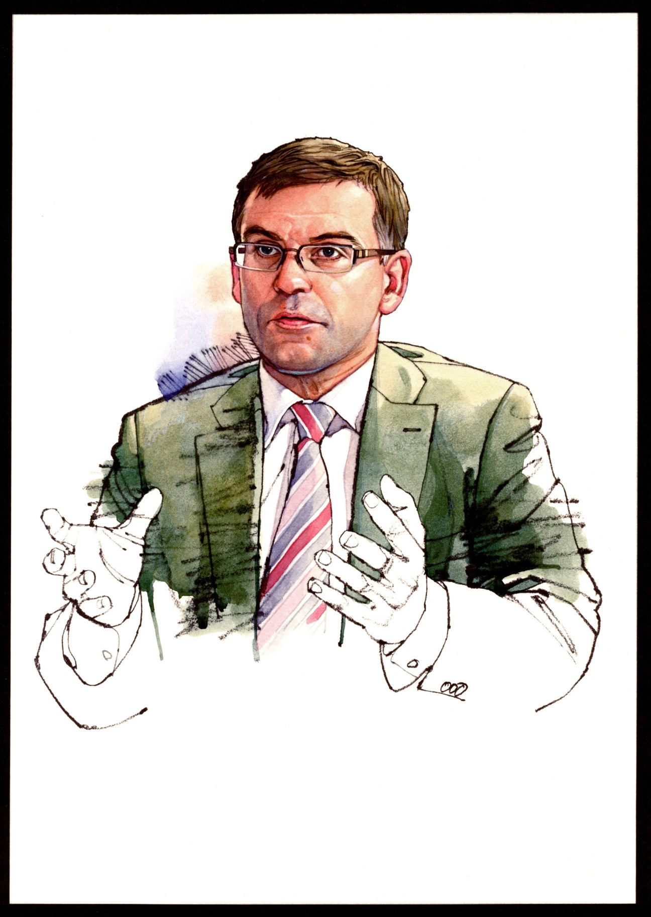 Illustration of Simeon Djankov, a man wearing glasses and a green jacket with striped tie, gesturing with both hands.
