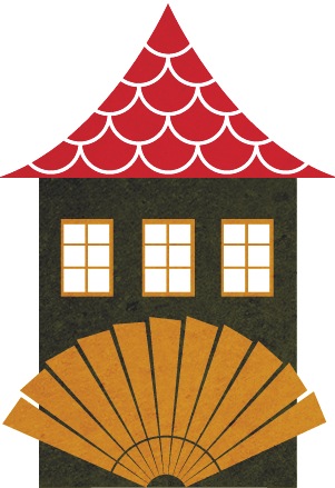Illustration of a house with red scalloped roof, dark walls, three windows, and gold fan-shaped architectural detail.