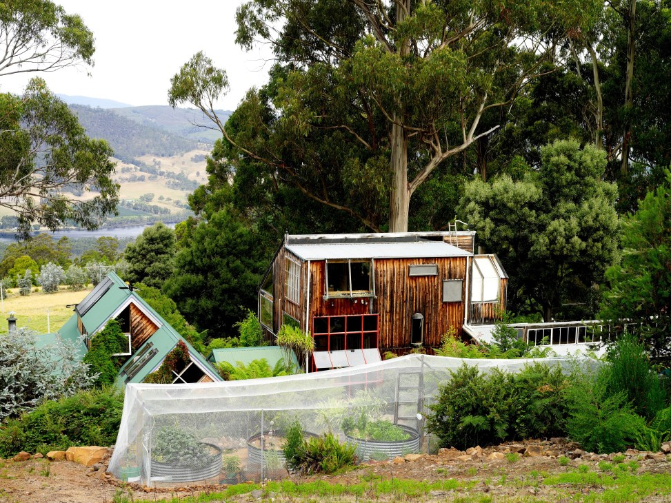 Kevin Perkins's wooden workshop nestled among tall eucalyptus trees overlooking the Huon Valley fjord.
