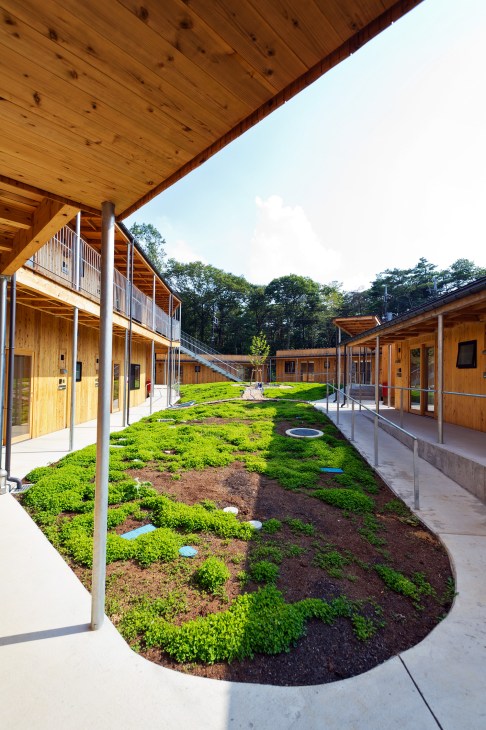 Wooden residential buildings arranged around a shared courtyard with green landscaping and moss-covered ground at Yuimarl Nasu community.