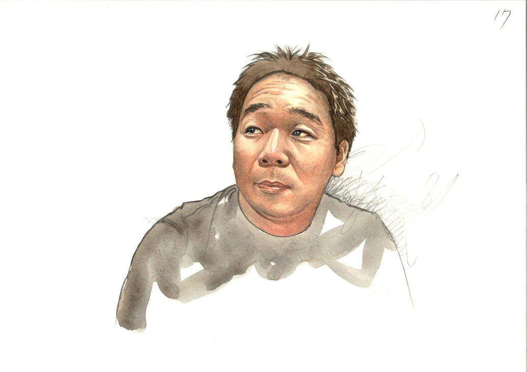 Illustration of Kenmei Nagaoka, a Japanese designer and retailer, in watercolor style.