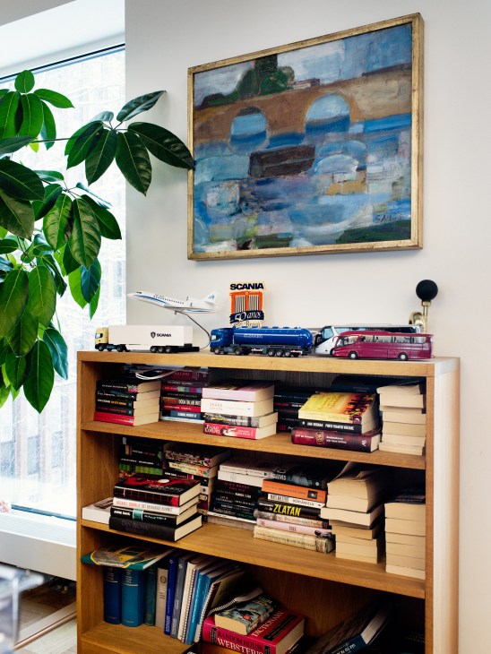 Wooden bookshelf with books and toy Scania trucks displayed on top, next to a potted plant and framed artwork.