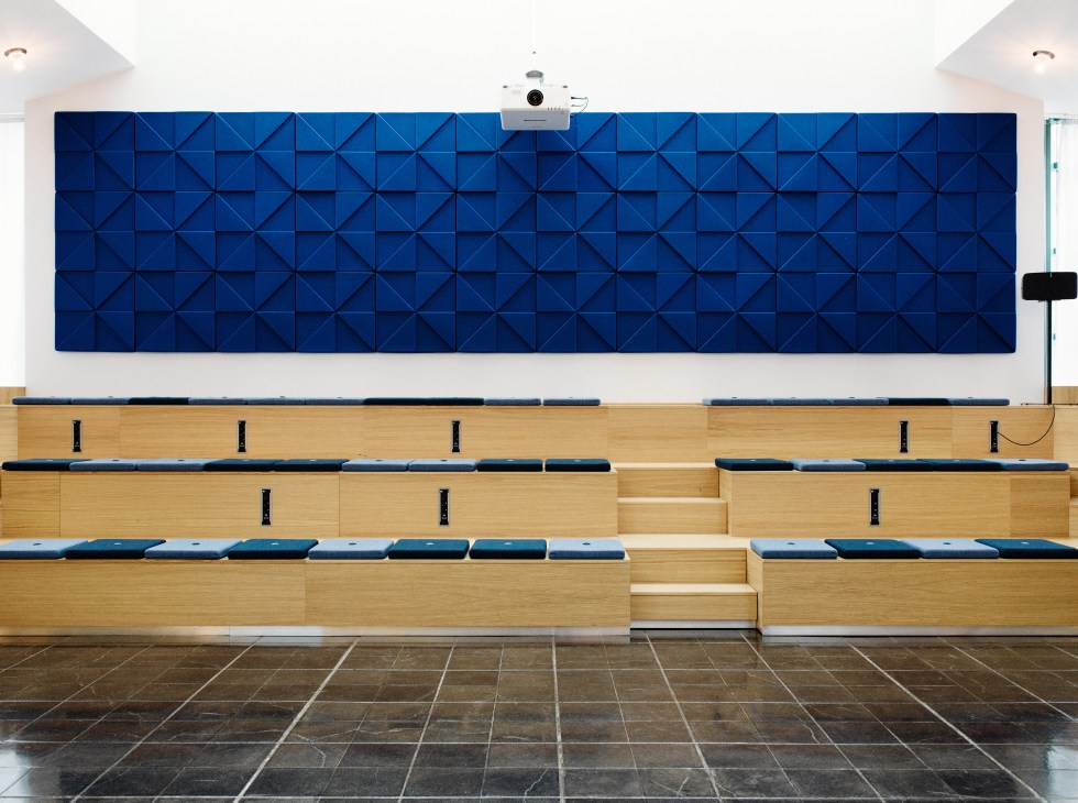 Modern auditorium with tiered wooden seating and a large geometric blue acoustic panel wall.