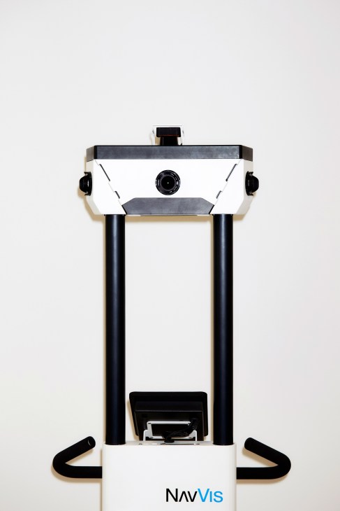 NavVis M3 Mapping Trolley, a white and black indoor mapping robot with cameras and sensors.