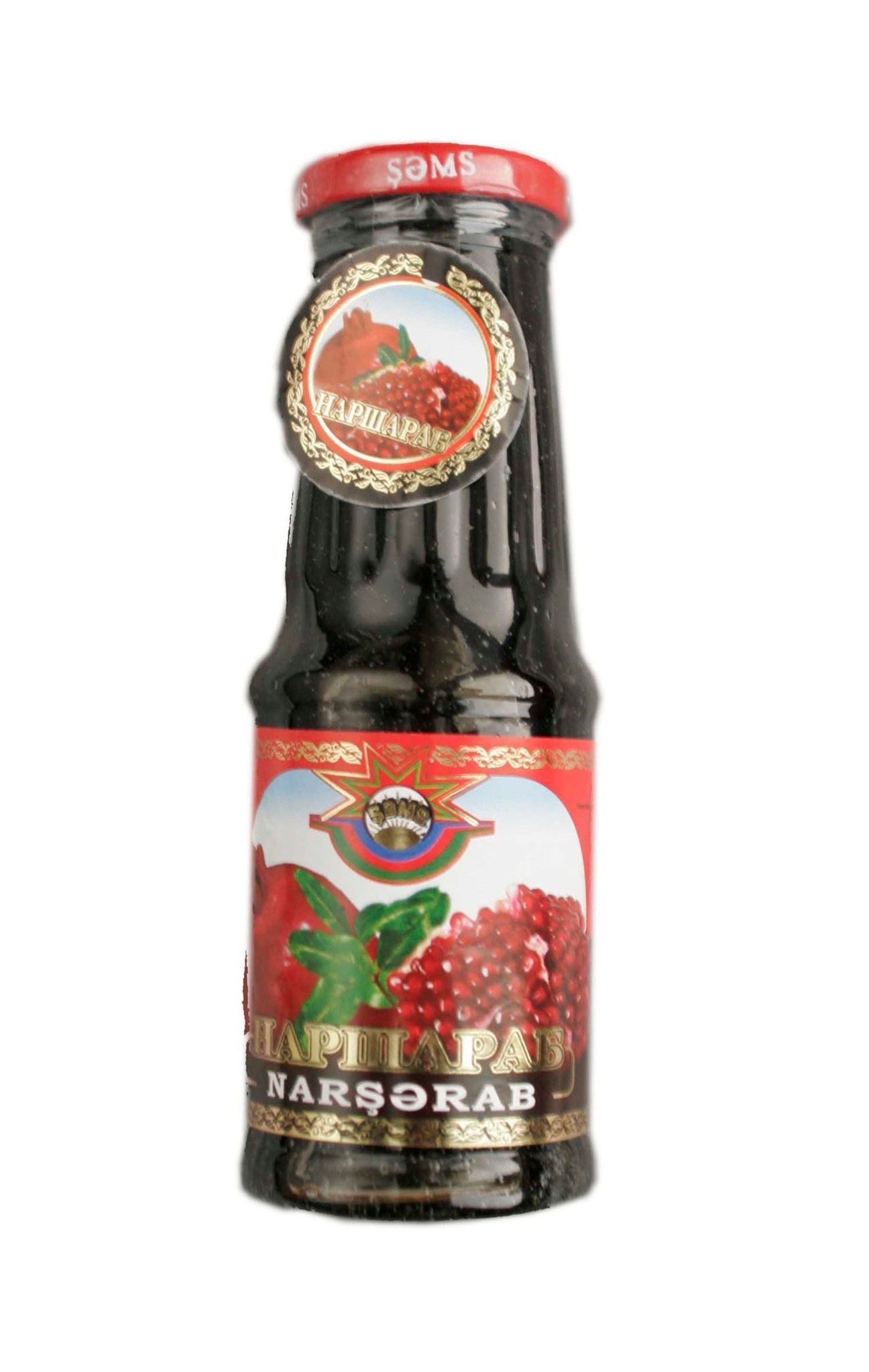 Bottle of Narsarab pomegranate sauce with red cap and ornate label featuring pomegranate imagery.
