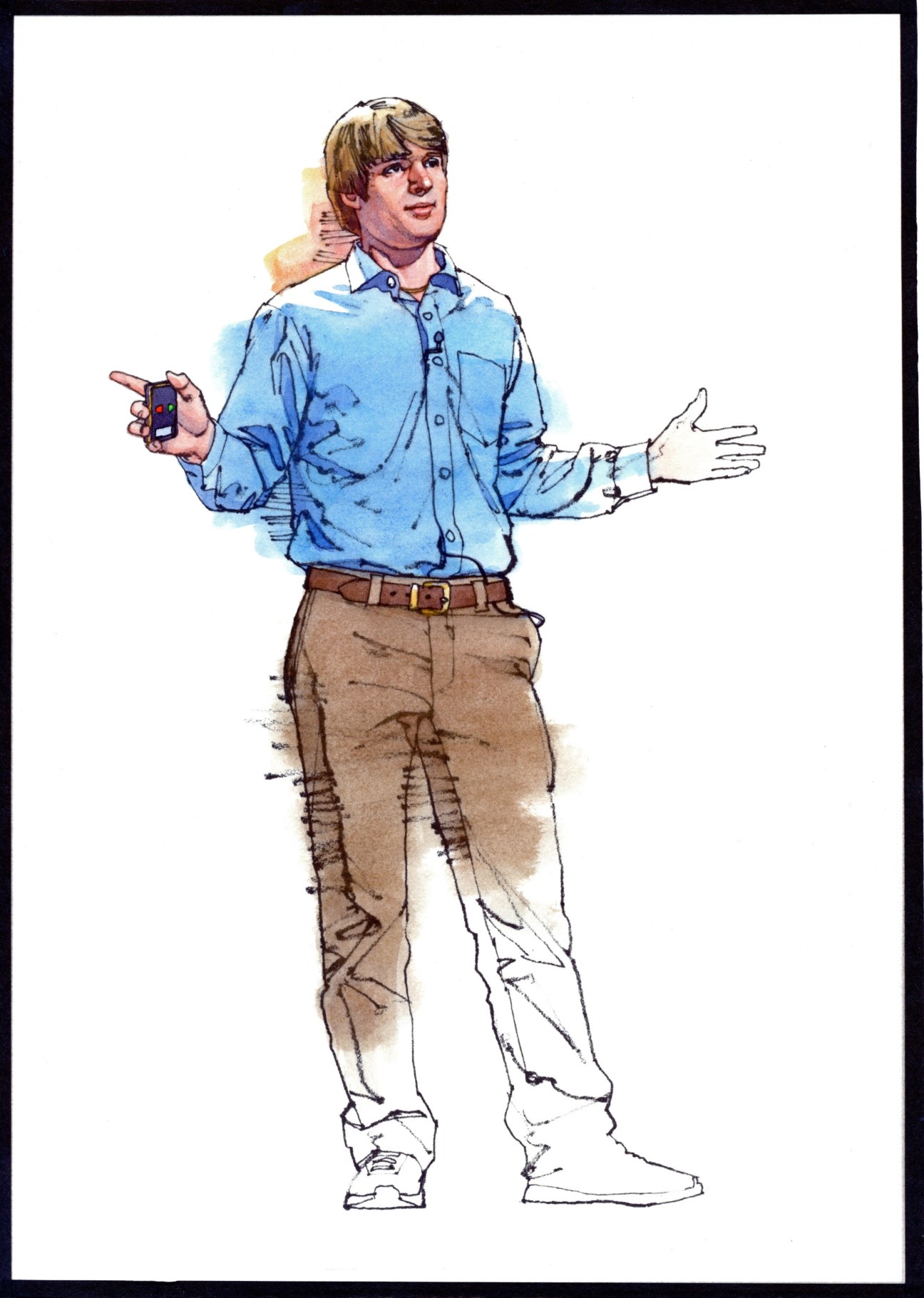 Illustration of Eben Bayer, a young man in a blue shirt holding a mobile device with one hand raised expressively.