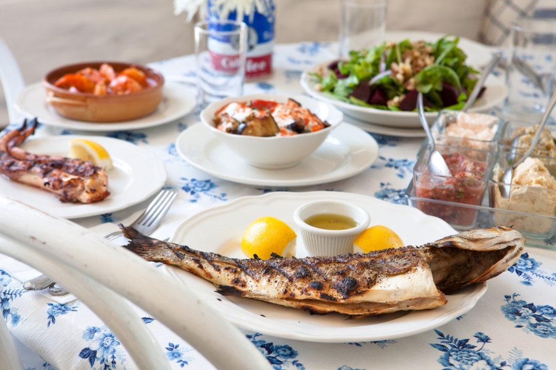 Grilled whole fish with lemon and olive oil on a white plate at Mandolin Aegean Bistro.