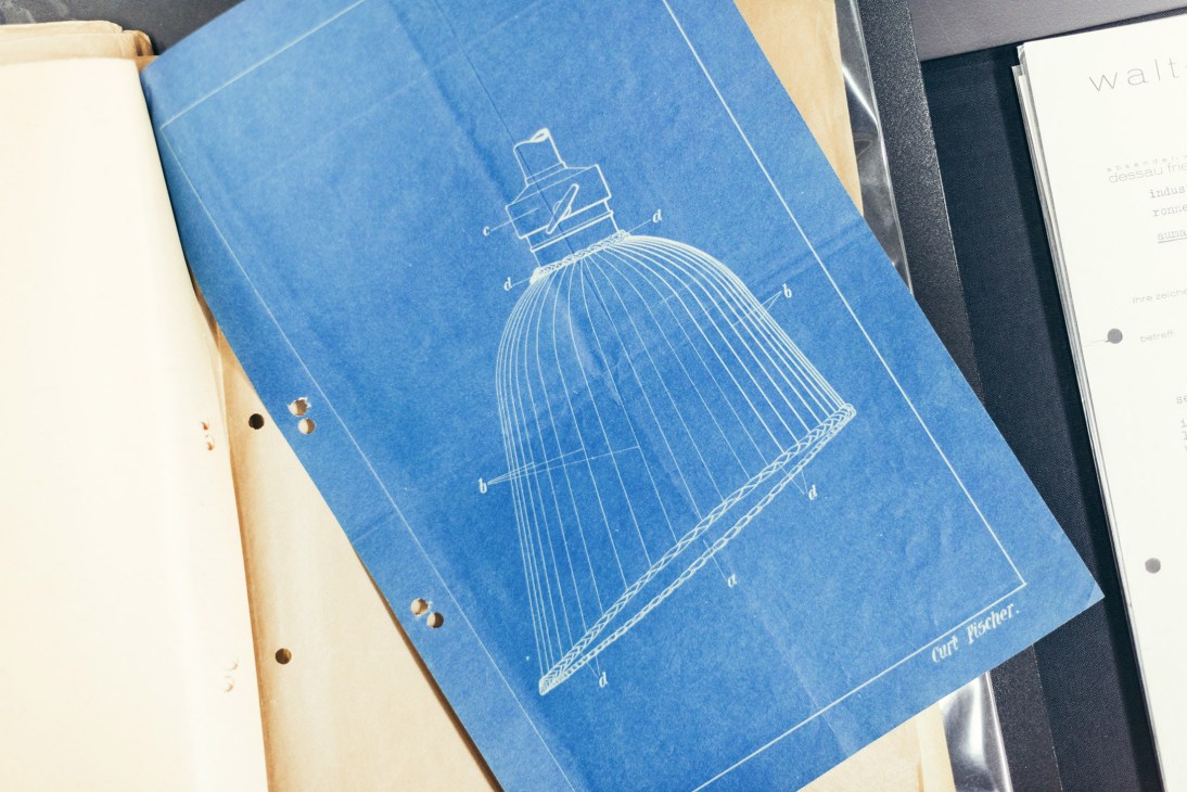 Archival blueprint sketch by Curt Fischer showing a detailed technical drawing of a Midgard lamp design on blue paper.