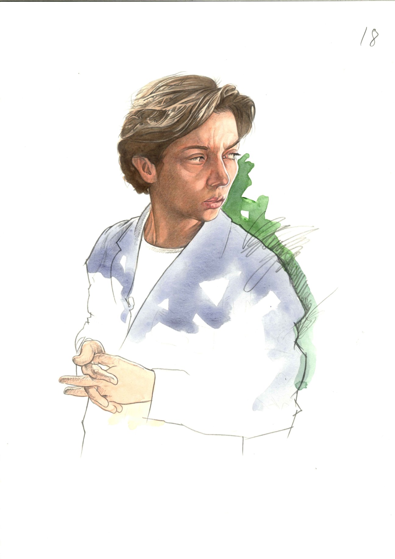 Portrait illustration of Kim Ghattas, BBC TV correspondent, wearing a light blue jacket