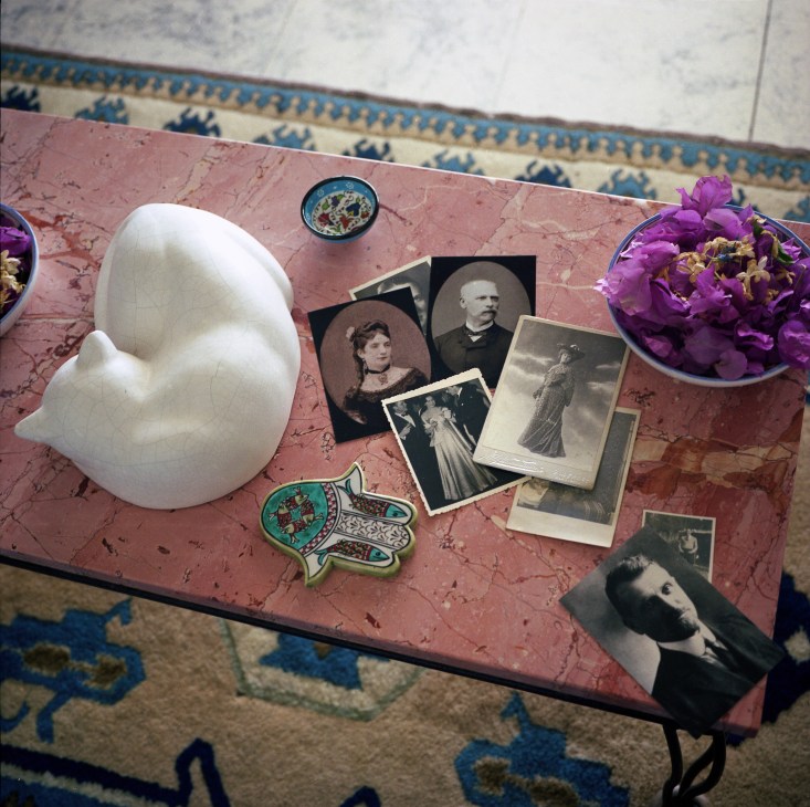 Family photographs and memorabilia arranged on a pink marble surface with decorative items.