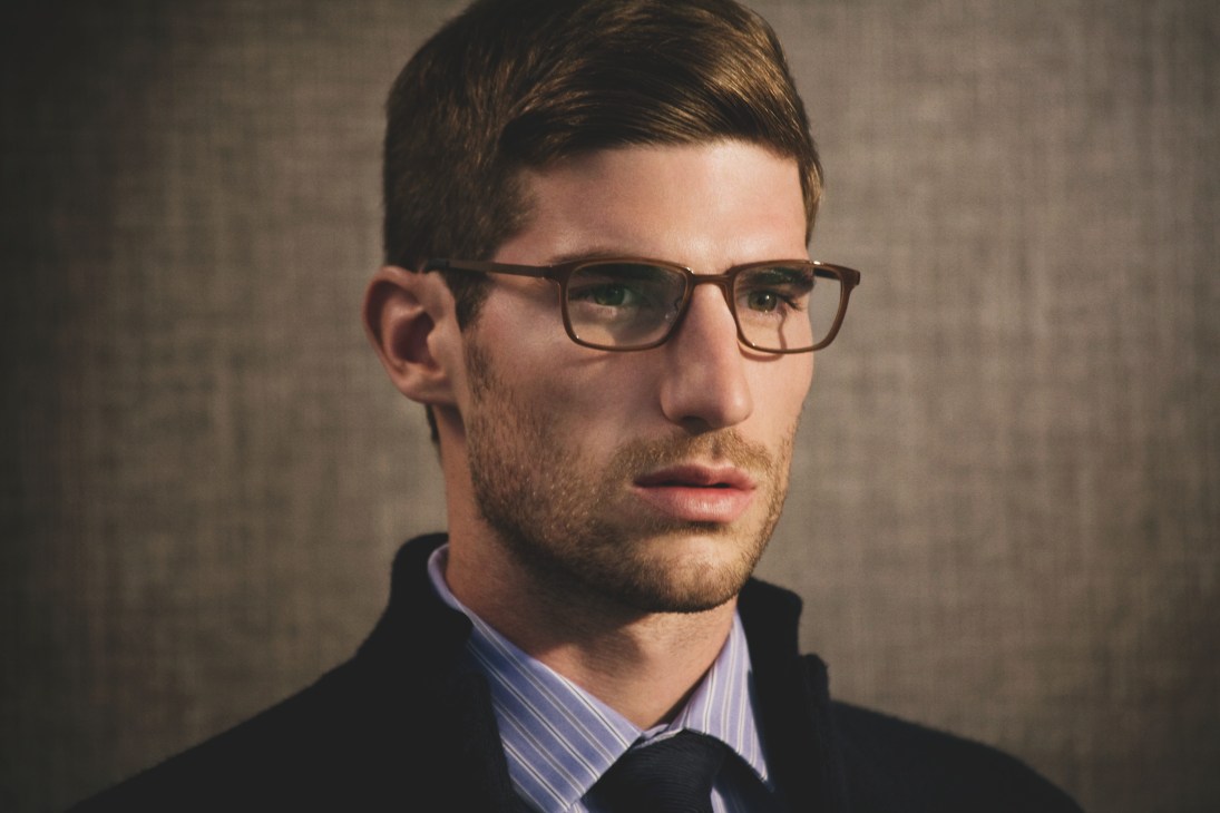 Man wearing Lindberg eyewear, Avon Celli jacket, Dunhill shirt and Oliver Spencer tie.