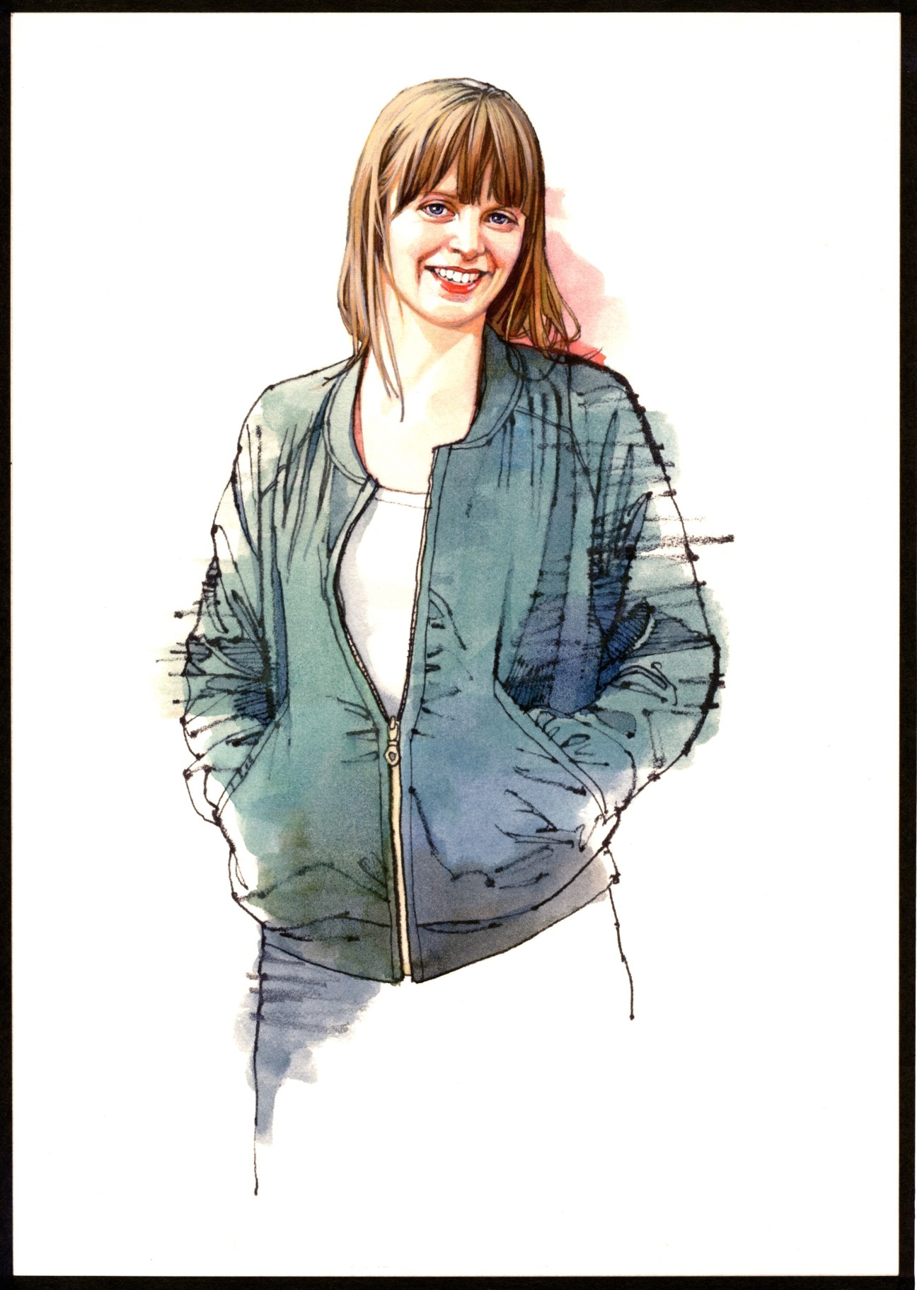 Illustration of Ingrid Olava, a smiling woman with shoulder-length brown hair wearing a blue-grey cardigan.