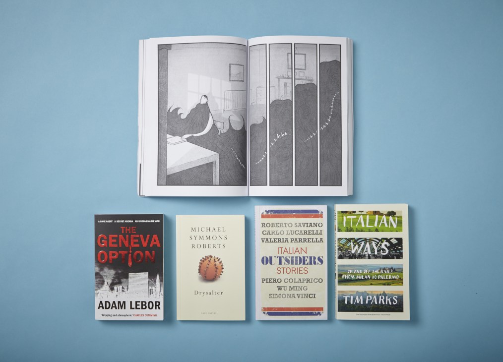 Open graphic novel and four book covers displayed on blue background, including The Geneva Option, Drysalter, Outsiders and Italian Ways.