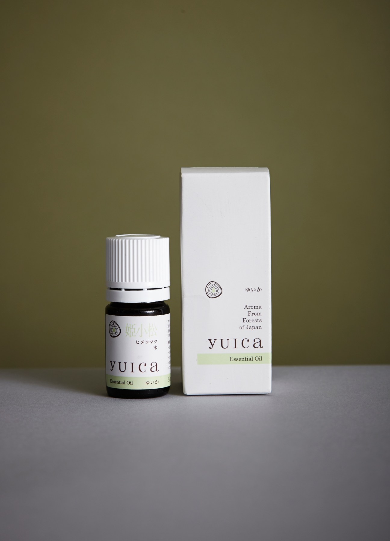 Yuica essential oil bottle and box with Japanese cedar scent from Oak Village