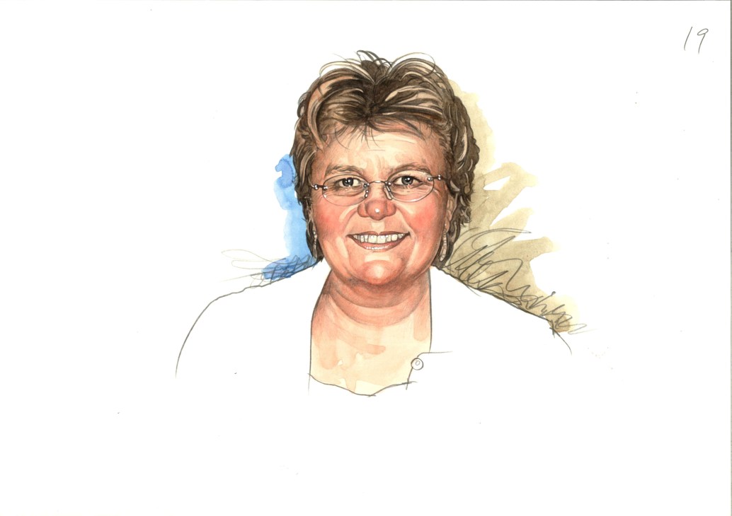 Watercolor portrait illustration of Barbara Hogan, South African health minister, smiling wearing glasses.