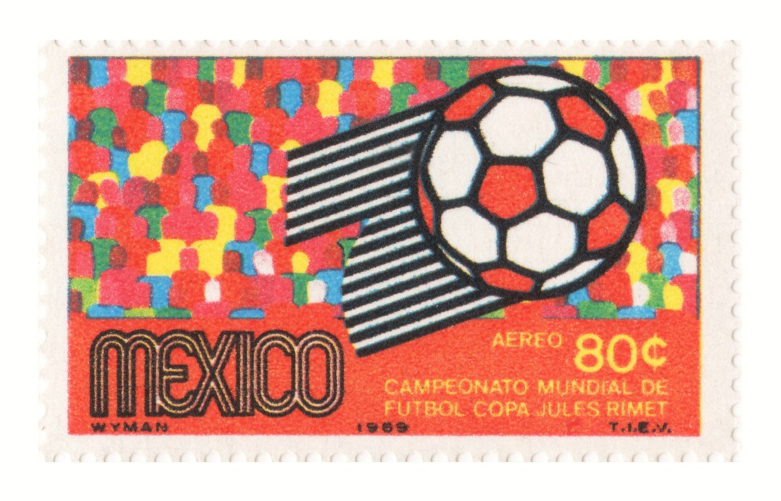 Mexico World Cup stamp featuring a soccer ball and segmented lines design by Lance Wyman.