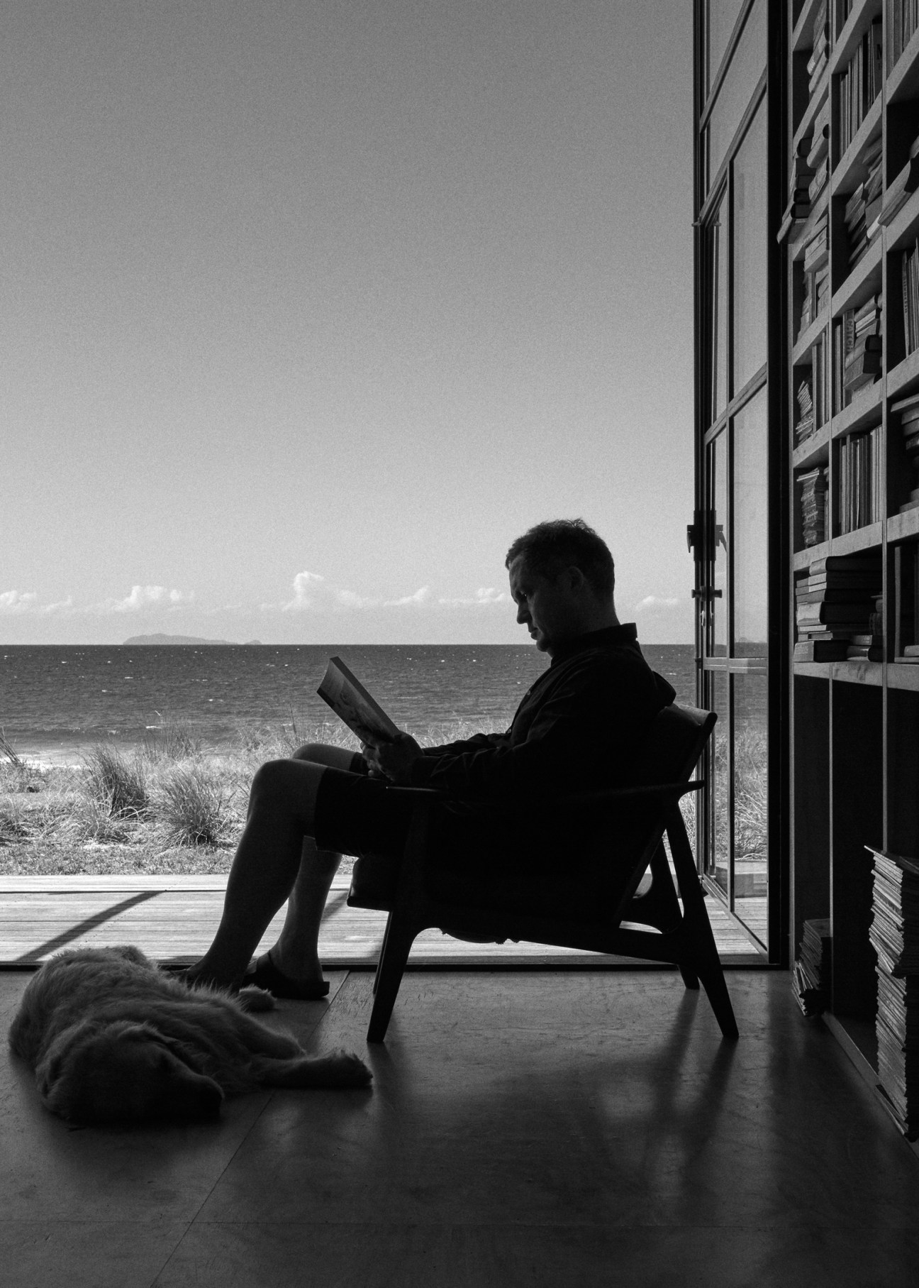 Man reading book in chair by window overlooking ocean with bookshelves and dog nearby