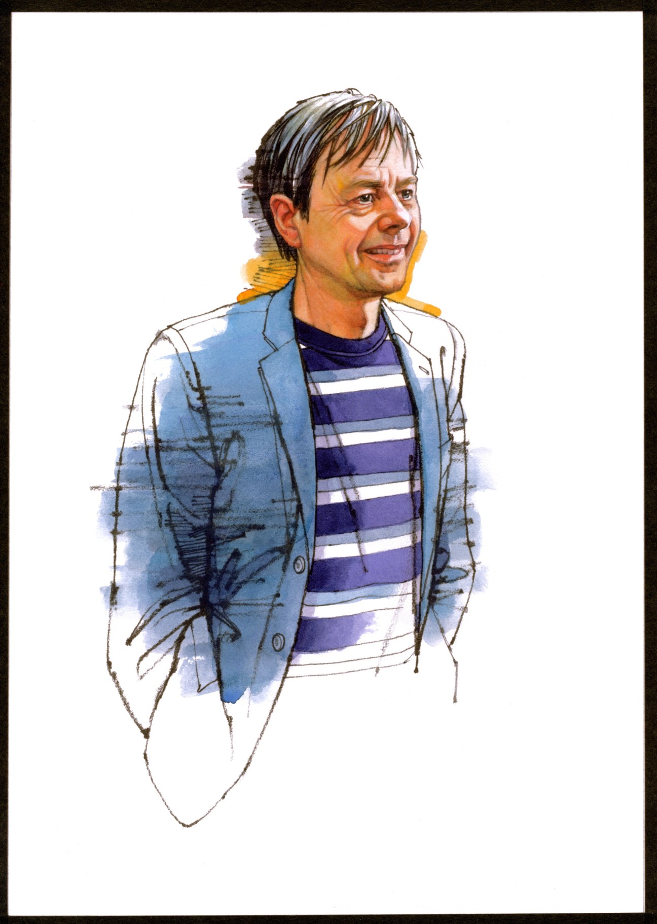 Illustration of Mats-Eric Nilsson, a Swedish food writer, wearing a blue blazer and striped shirt.