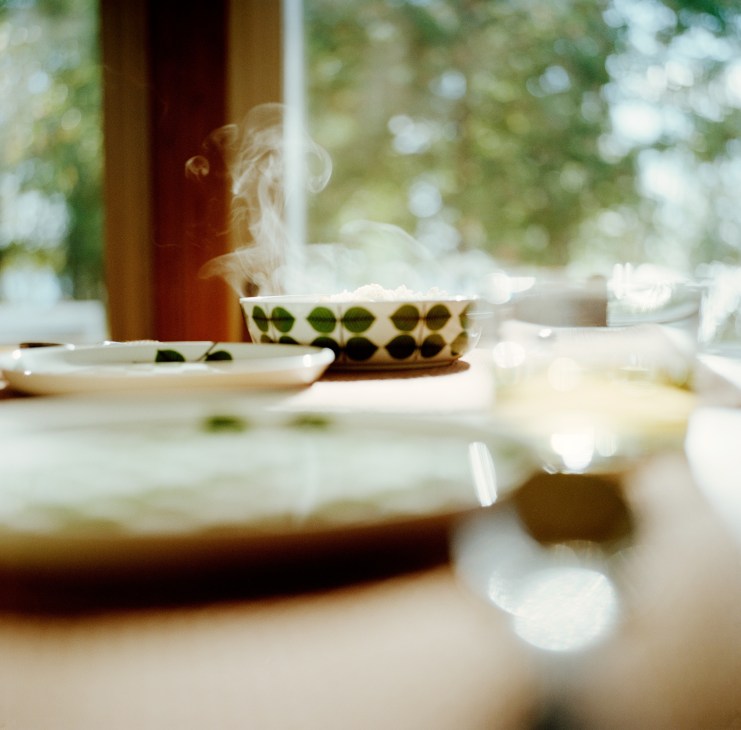 Gustavsberg crockery with green leaf pattern displayed on outdoor table with natural light and blurred forest background.