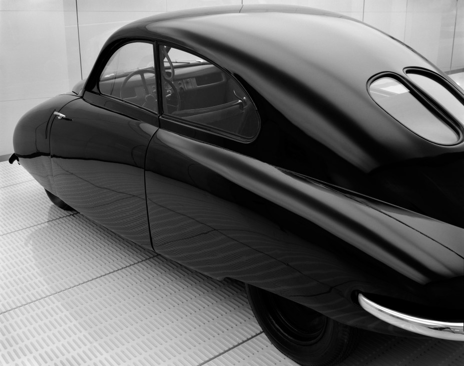 The first Saab model, the Ursaab, displayed in black and white showing its distinctive rounded profile.