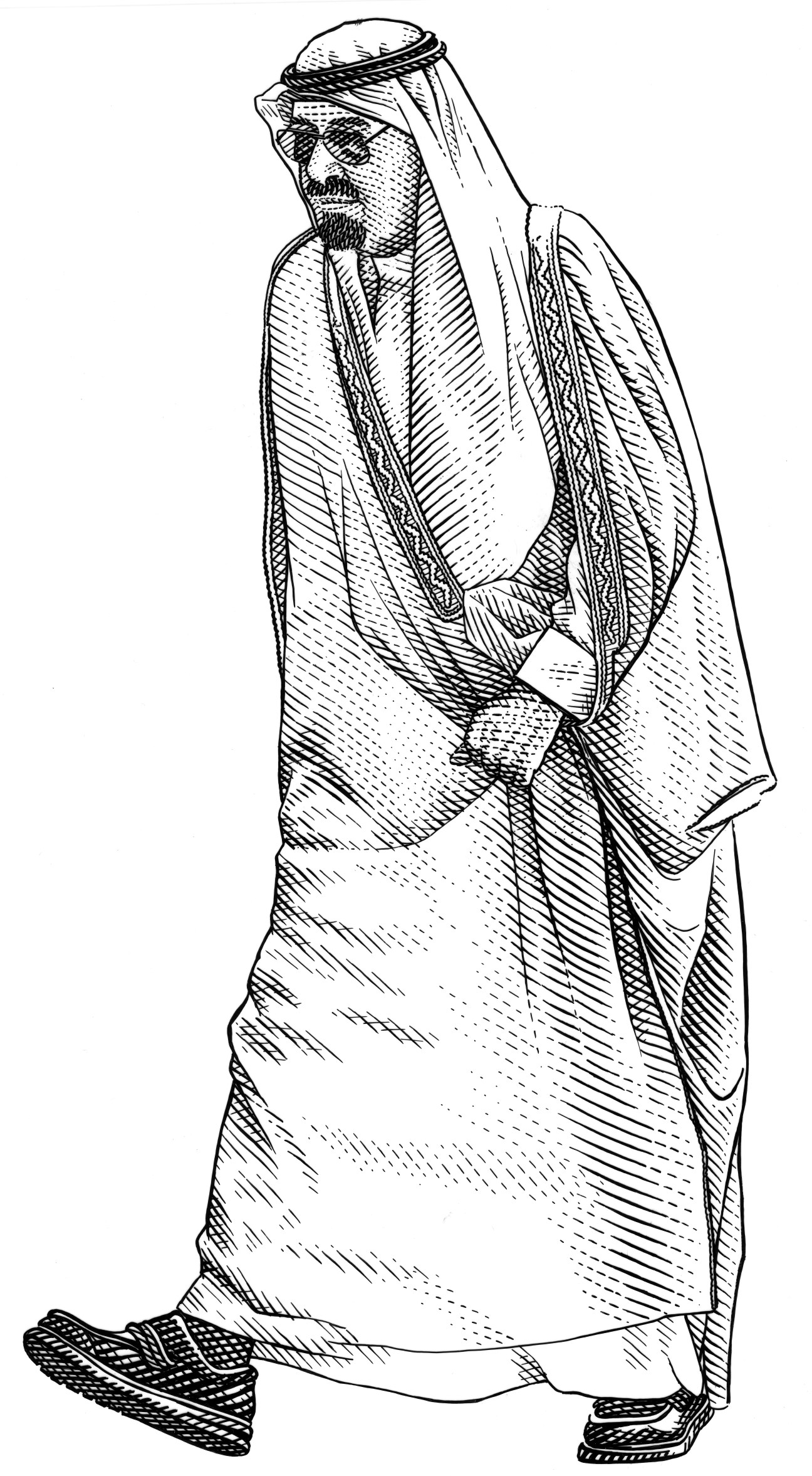 Illustration of a man wearing traditional Saudi dress including a white thawb, dark bisht coat, ghotra headwrap with black agal, and traditional shoes.