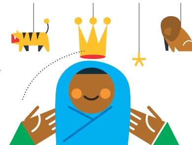 Illustration of a figure wearing a blue robe and gold crown surrounded by hanging African animals including an elephant, tiger, lion, and giraffe.