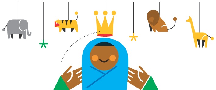 Illustration of a figure wearing a blue robe and gold crown surrounded by hanging African animals including an elephant, tiger, lion, and giraffe.