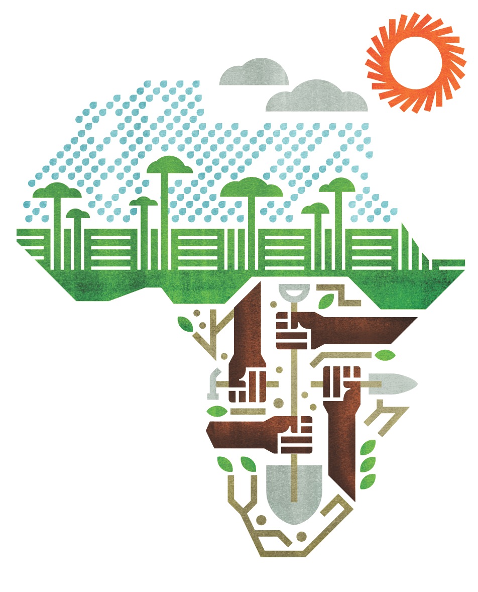 Illustration of Africa shaped continent showing green vegetation and trees on surface with underground infrastructure and industrial elements below.