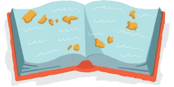 Illustration of an open book showing a map of Cape Verde islands in the ocean.