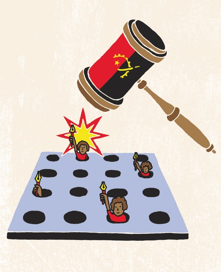 Illustration of a gavel bearing Angola's flag striking a surface with figures holding torches below.