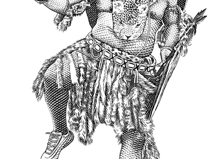 Illustration of Jacob Zuma in traditional Zulu wedding attire with leopard skin, shield, spear, and white trainers.