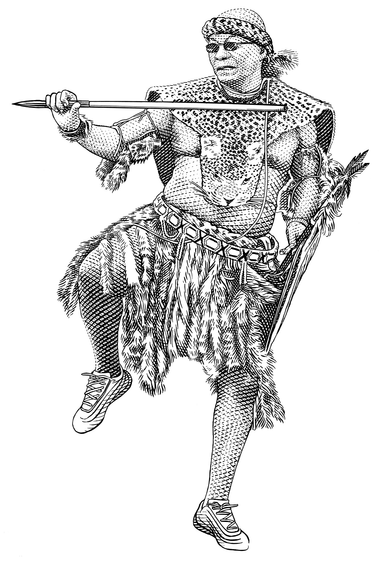 Illustration of Jacob Zuma in traditional Zulu wedding attire with leopard skin, shield, spear, and white trainers.