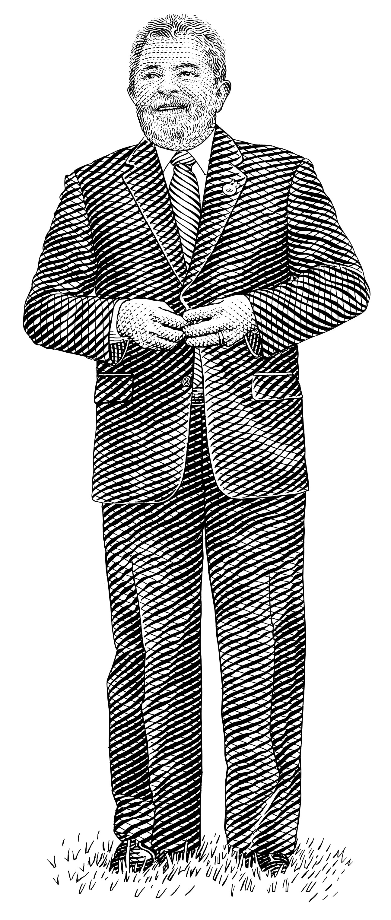 Illustration of Brazilian president Luiz Inácio Lula da Silva wearing a striped suit and tie with signature beard and silvery hair.