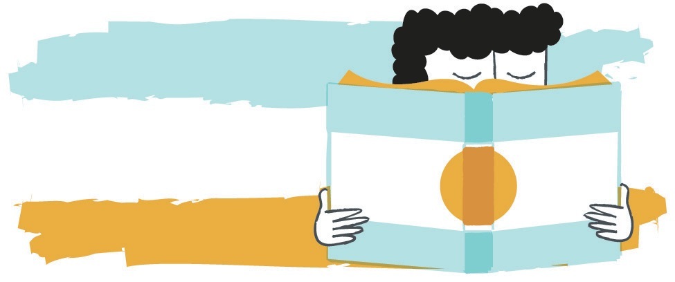 Illustration of two figures holding a banner with a yellow circle, representing literacy in Latin America.