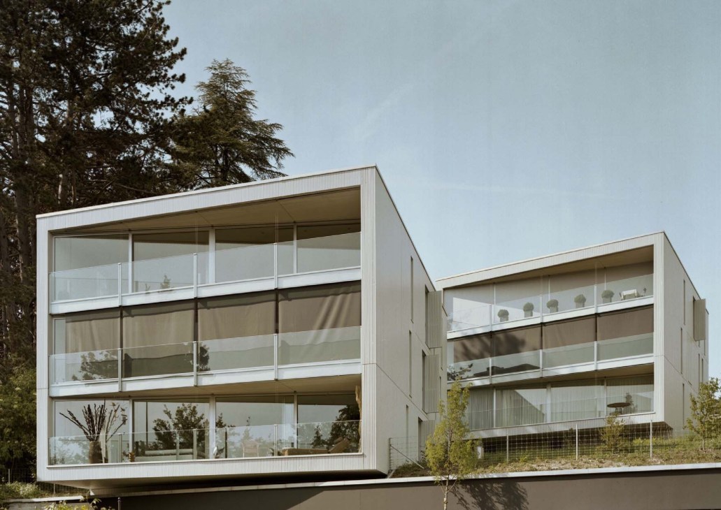 Two modern white wooden apartment blocks with large windows overlooking Meilen Lake in Zurich, designed by e2a architects.