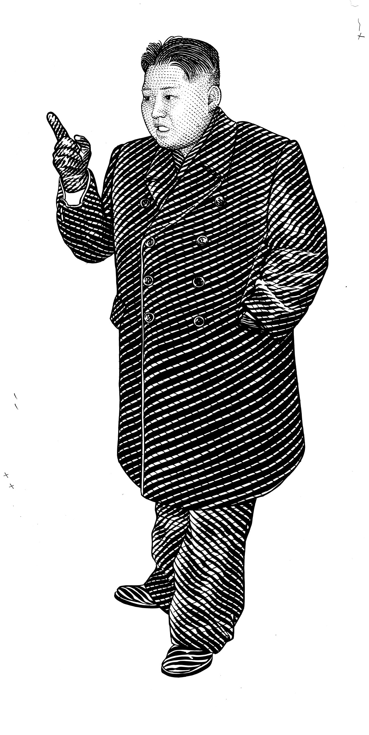 Illustration of Kim Jong-Un wearing a striped double-breasted overcoat and black leather gloves, pointing with one hand.