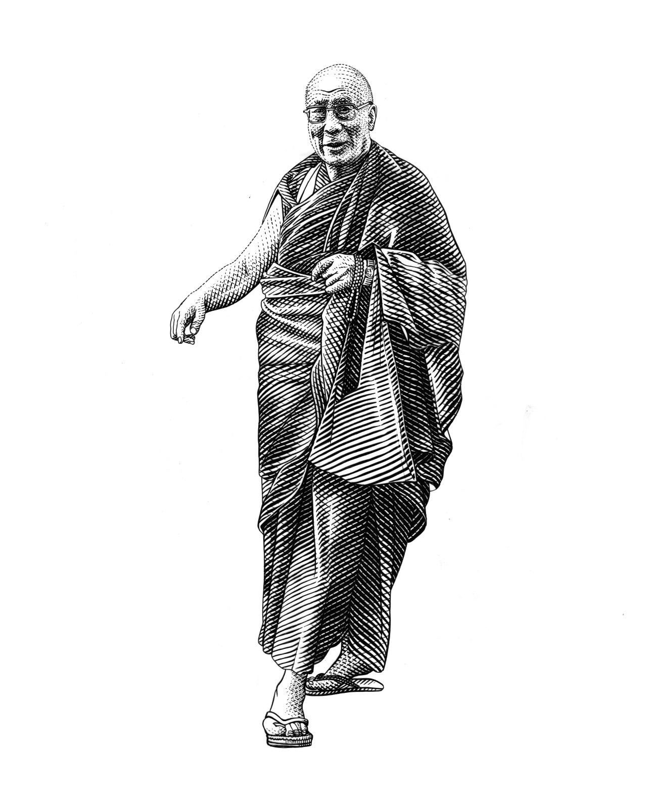 Illustration of the Dalai Lama wearing Buddhist robes, glasses, and sandals.