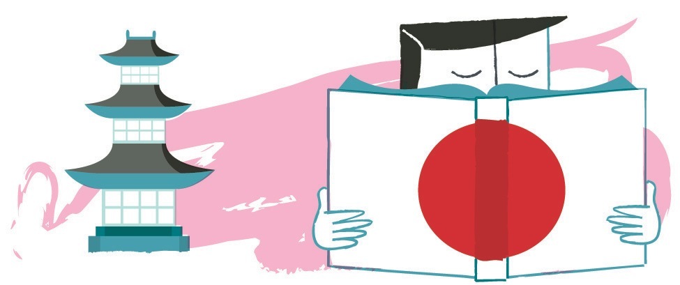Illustration of a graduate holding a Japanese flag and lantern, representing Japan's 99% literacy rate.